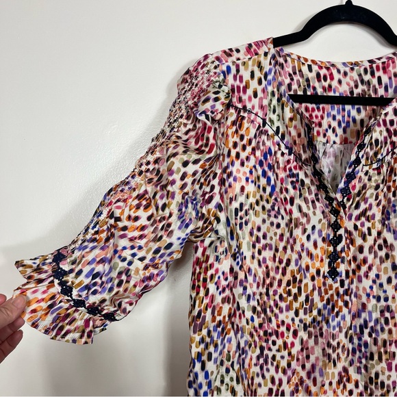 Democracy Embroidered Split Round Neck Flounce Sleeve Embroidered Woven Top Boho - Picture 2 of 5